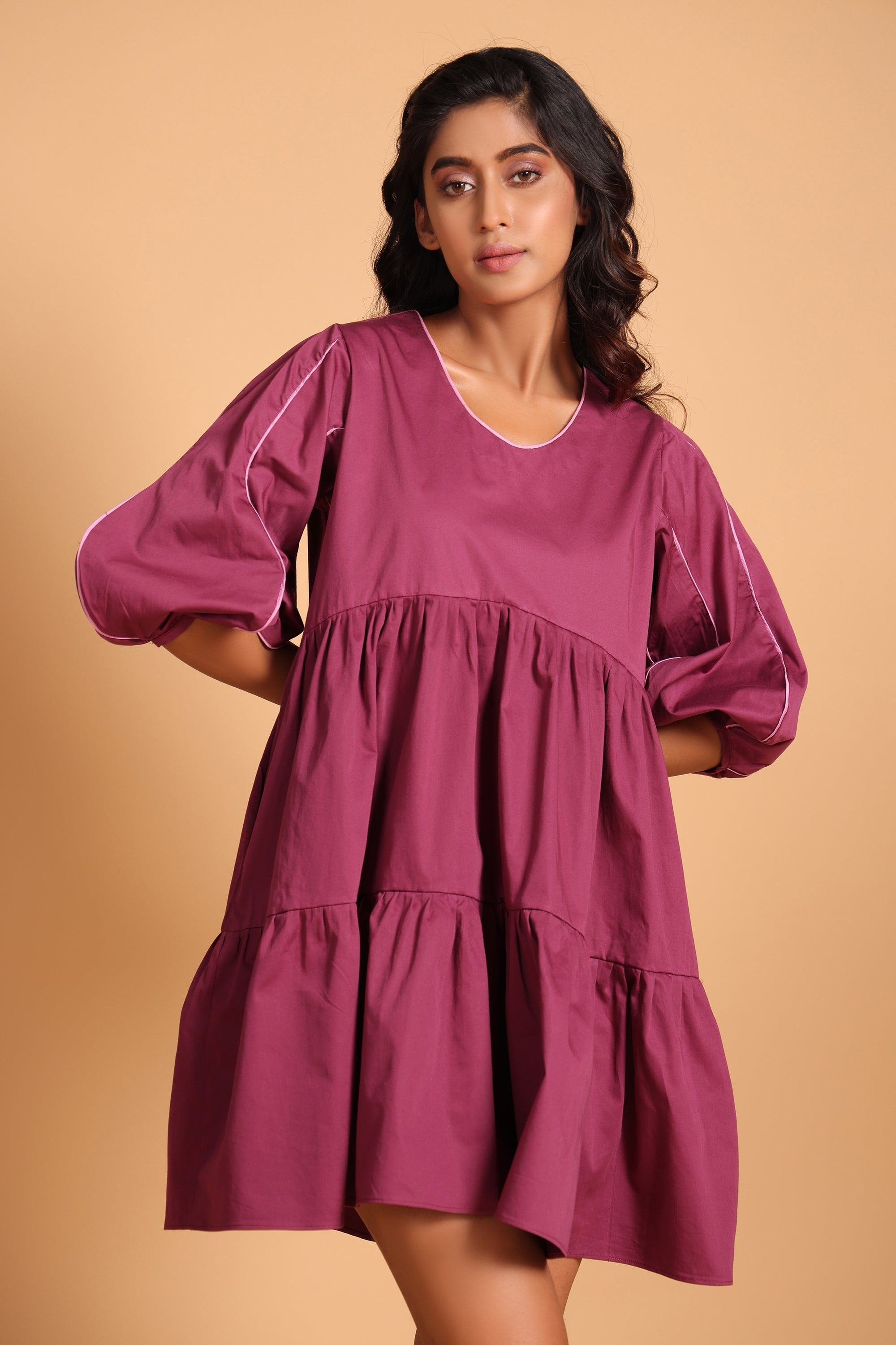 Elegant Cotton Two-Tiered Dress - Purple(Amaranth)