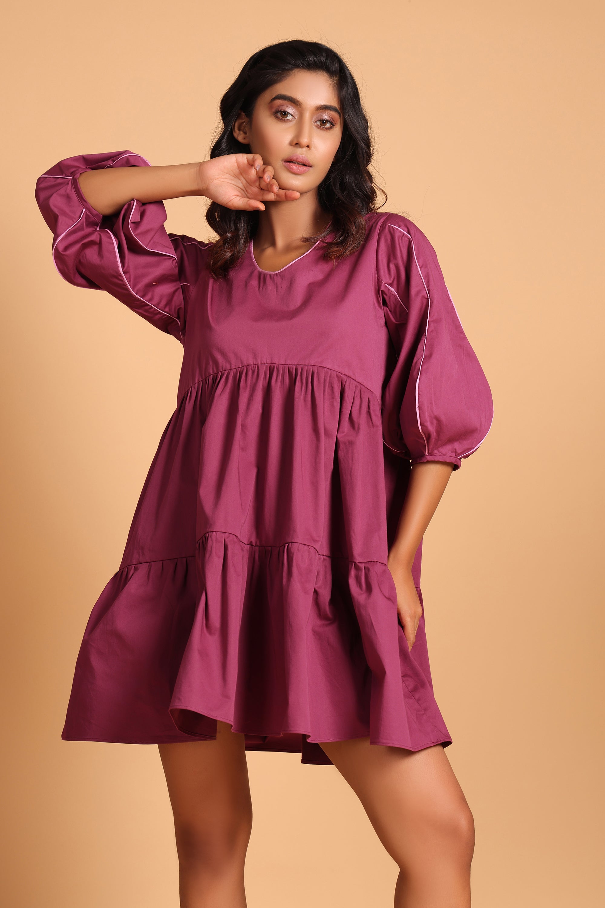 Elegant Cotton Two-Tiered Dress - Purple(Amaranth)