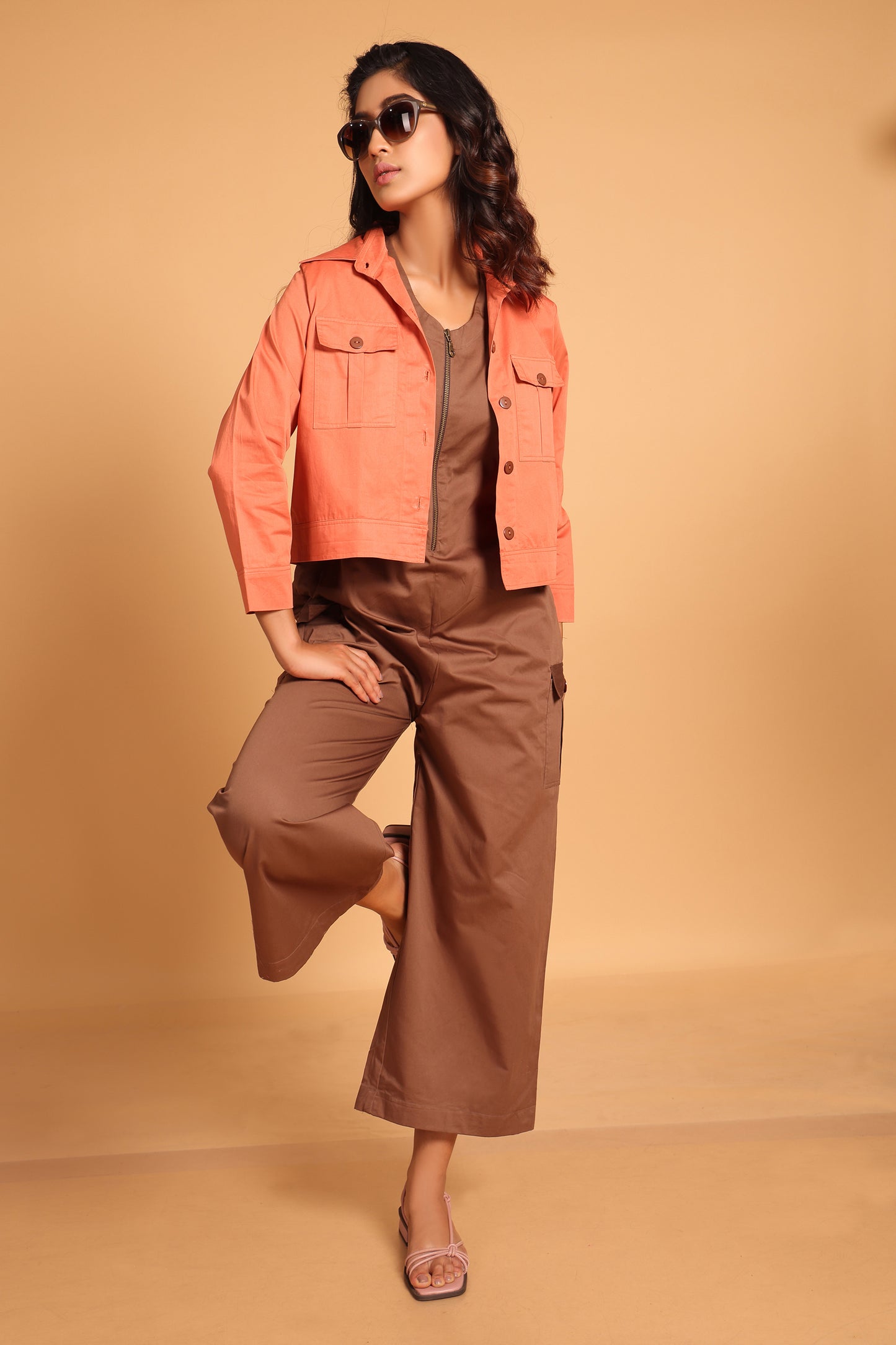 Stylish Cotton Two-Piece Jumpsuit Set - Orange(Ginger Spice)