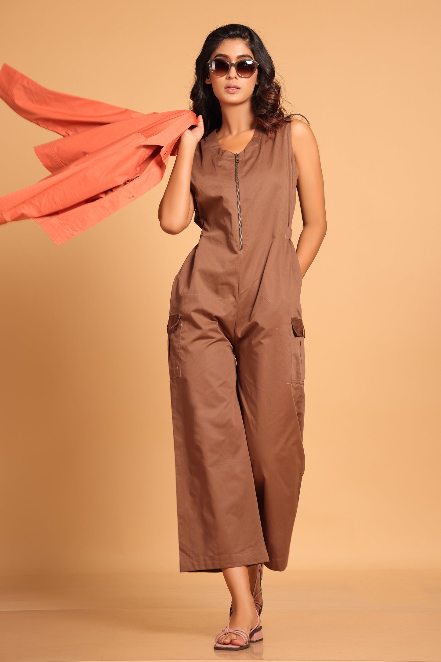 Stylish Cotton Two-Piece Jumpsuit Set - Orange(Ginger Spice)