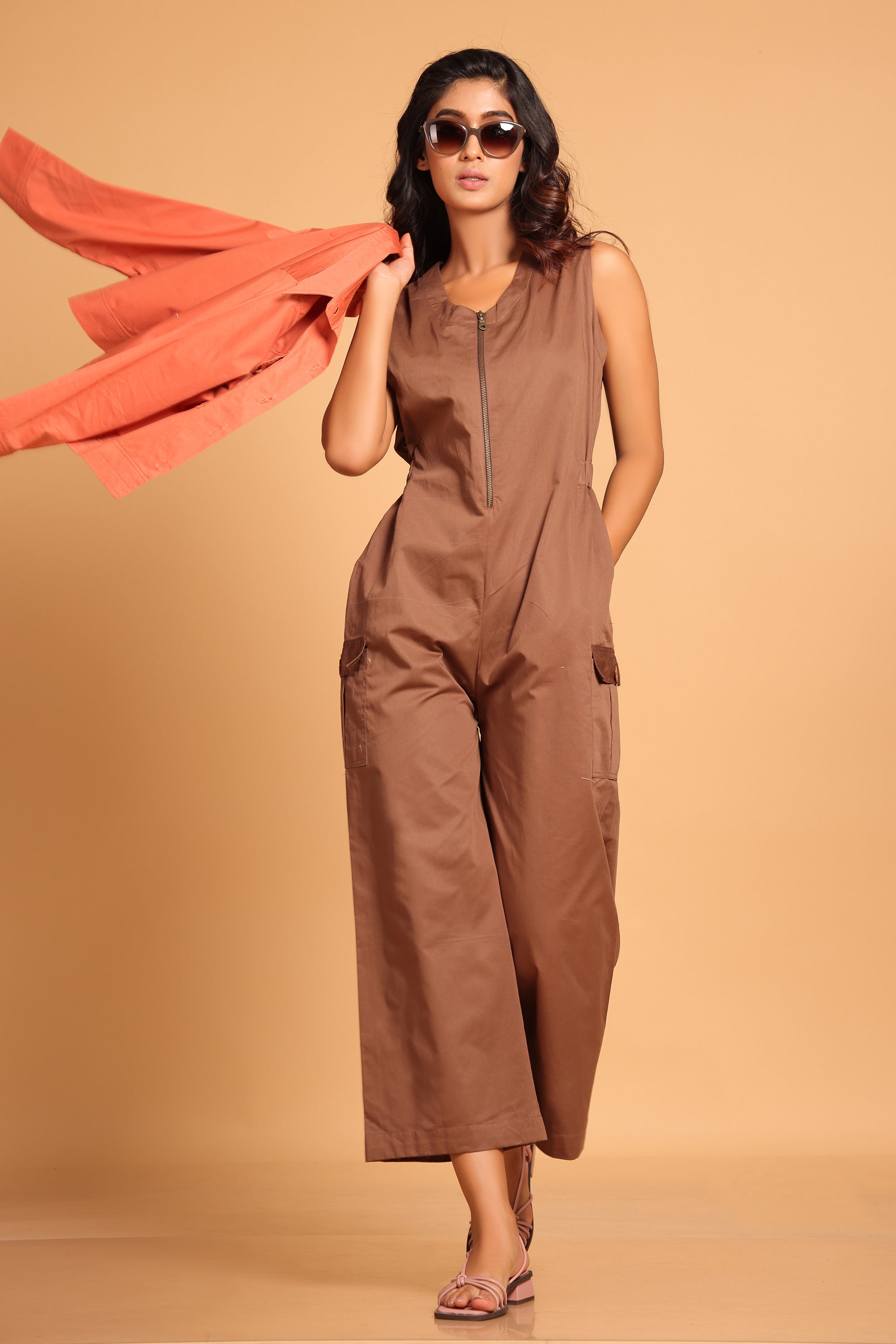Stylish Cotton Two-Piece Jumpsuit Set - Orange(Ginger Spice)