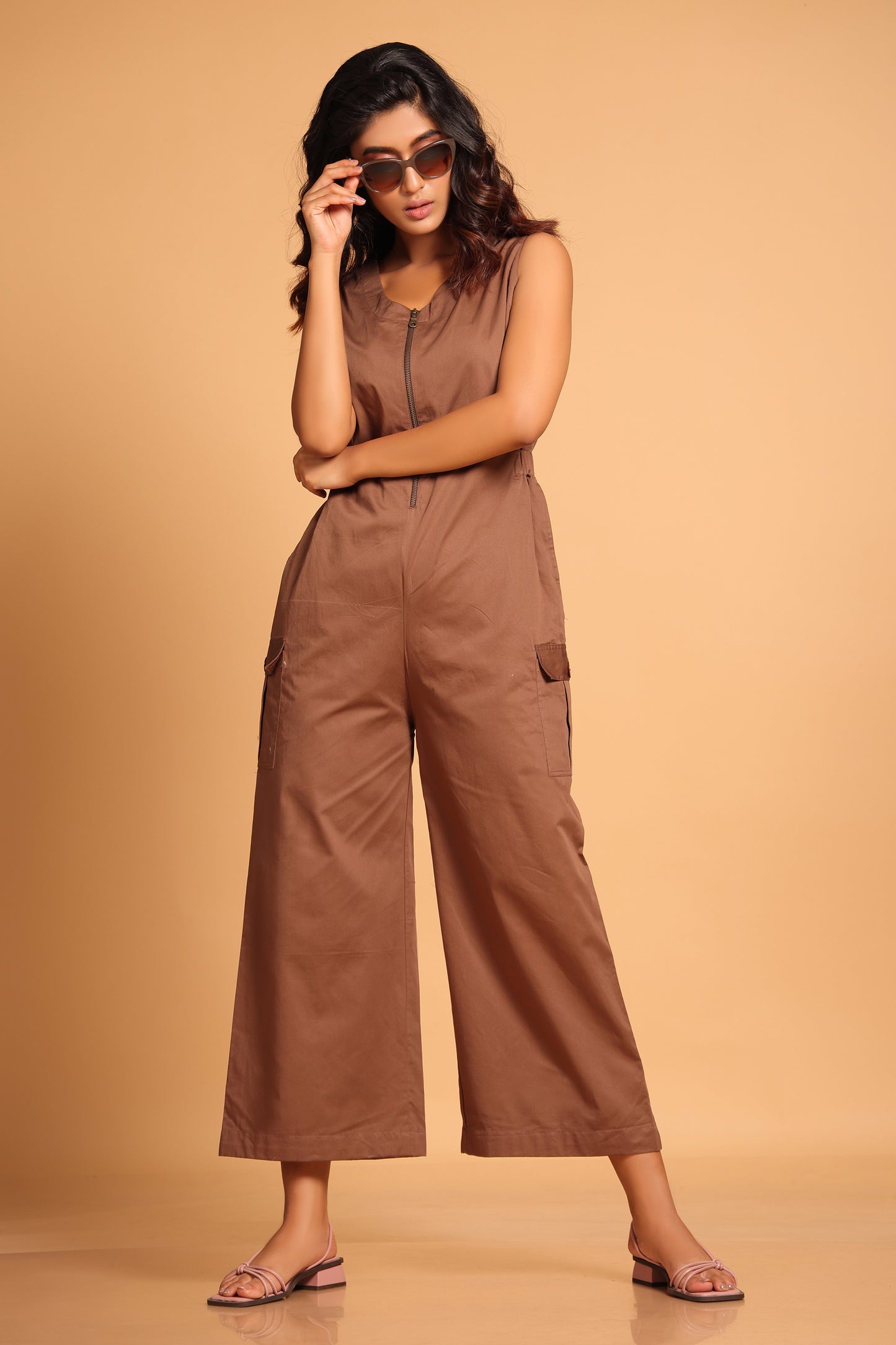 Stylish Cotton Two-Piece Jumpsuit Set - Orange(Ginger Spice)