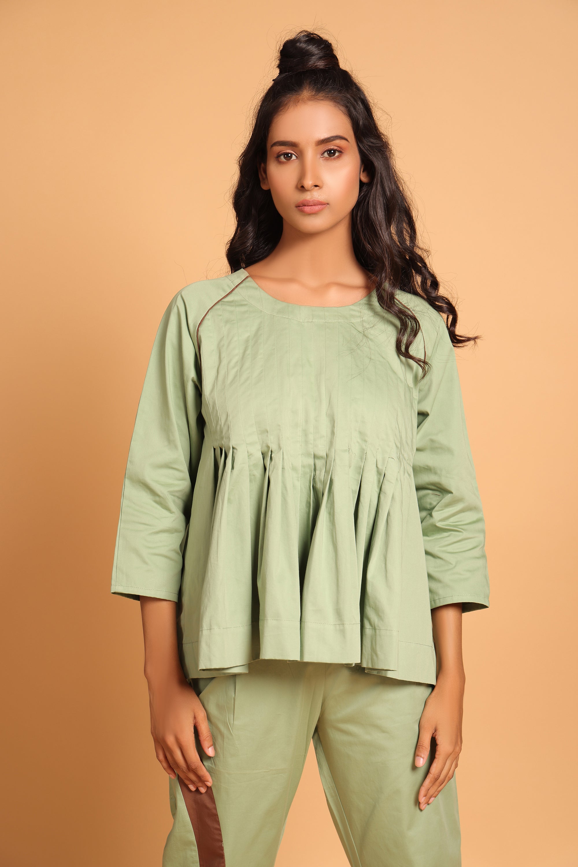 Casual Chic Cotton Pleated Ensemble Co-ord Set - Green(Loden Frost)