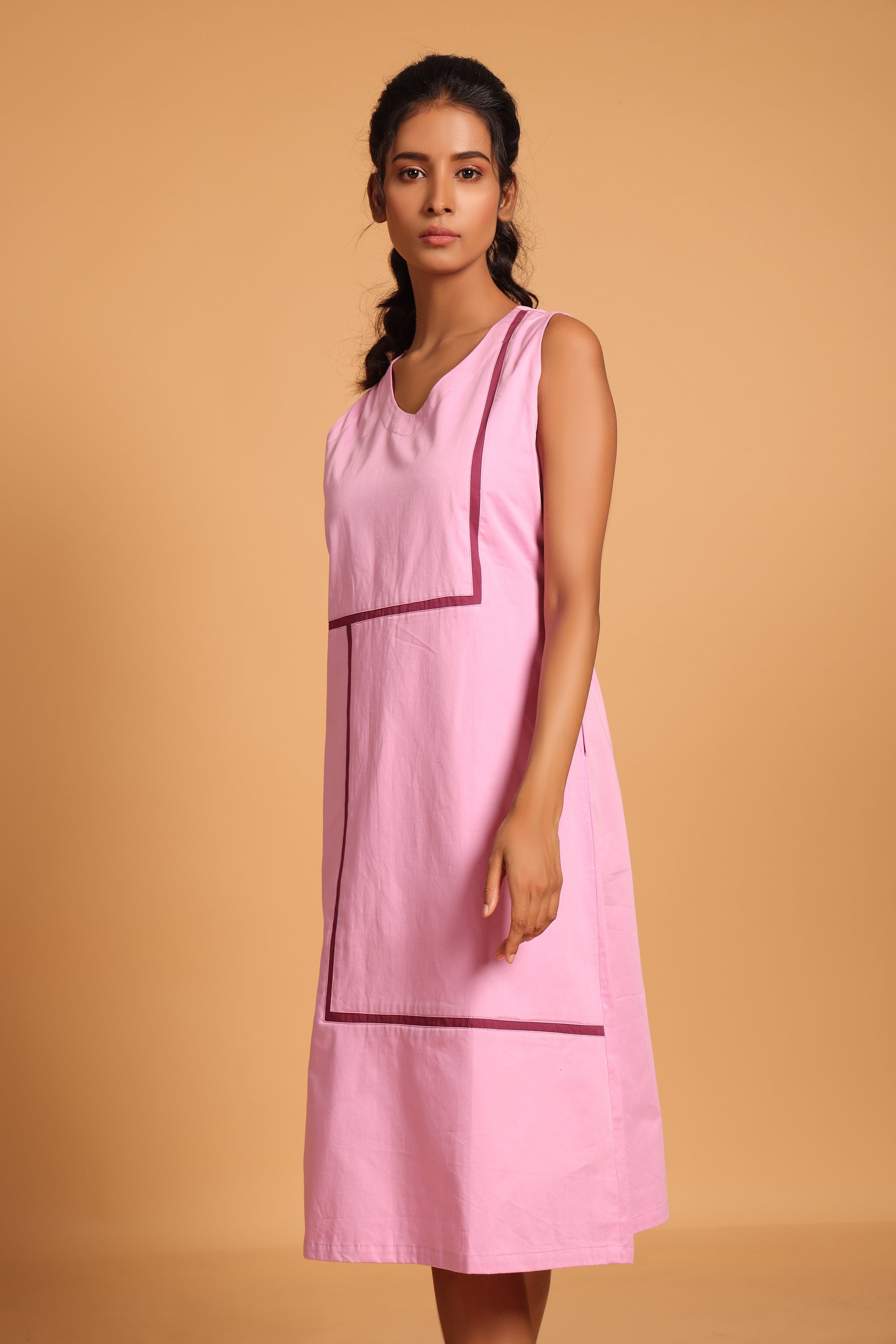 Elegant Cotton Sleeveless Dress- Pink(Orchid)