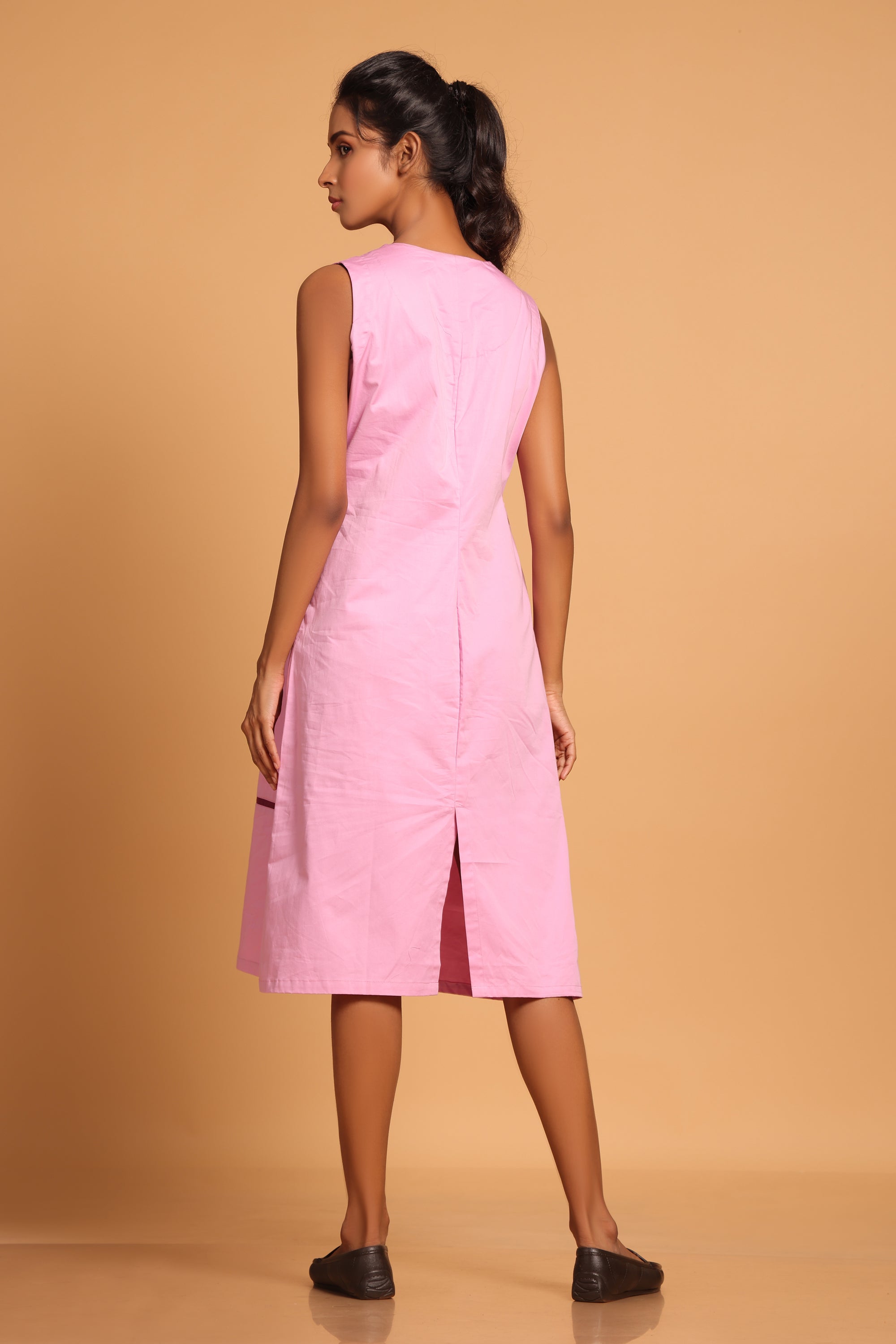 Elegant Cotton Sleeveless Dress- Pink(Orchid)