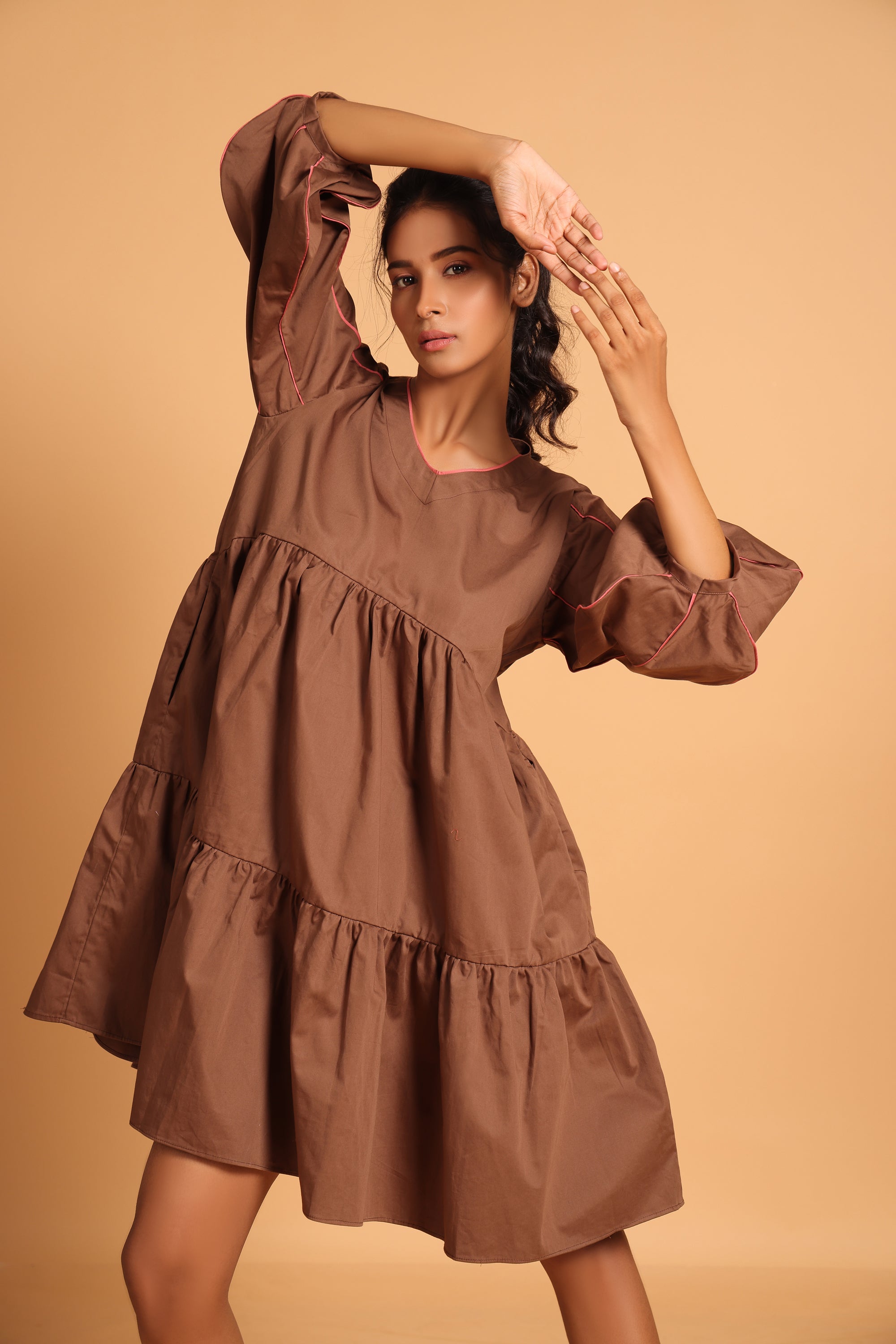 Elegant Cotton Two-Tiered Dress - Brown(Rain Drum)