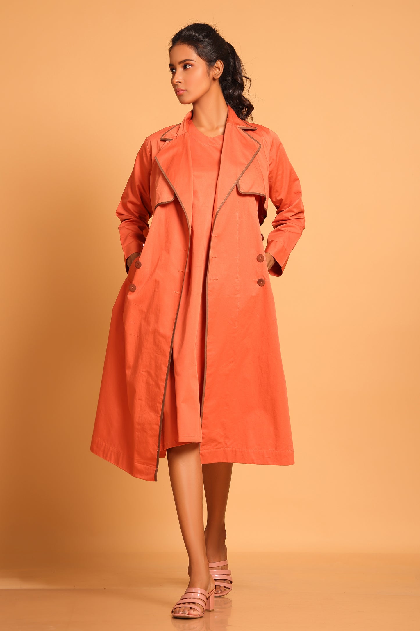 Chic Cotton Trench Coat Set - Orange(Ginger Spice)