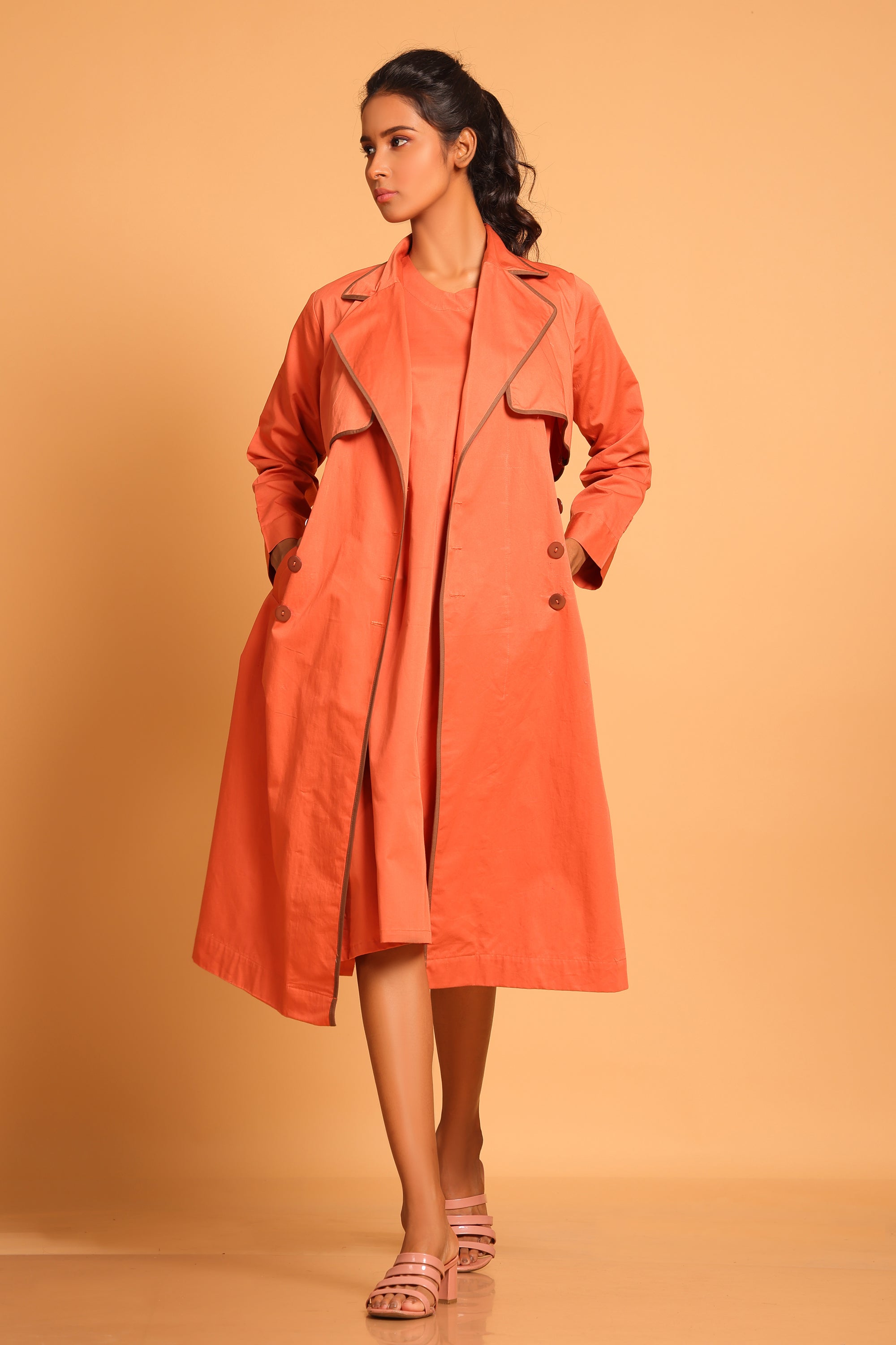 Chic Cotton Trench Coat Set - Orange(Ginger Spice)