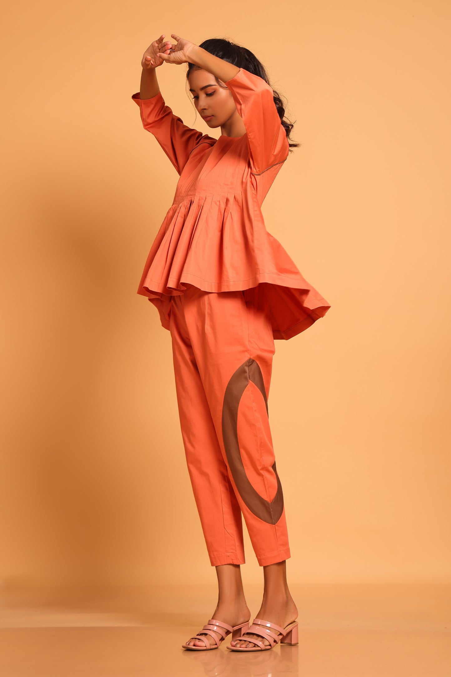 Casual Chic Cotton Pleated Ensemble Co-ord Set - Orange(Ginger Spice)
