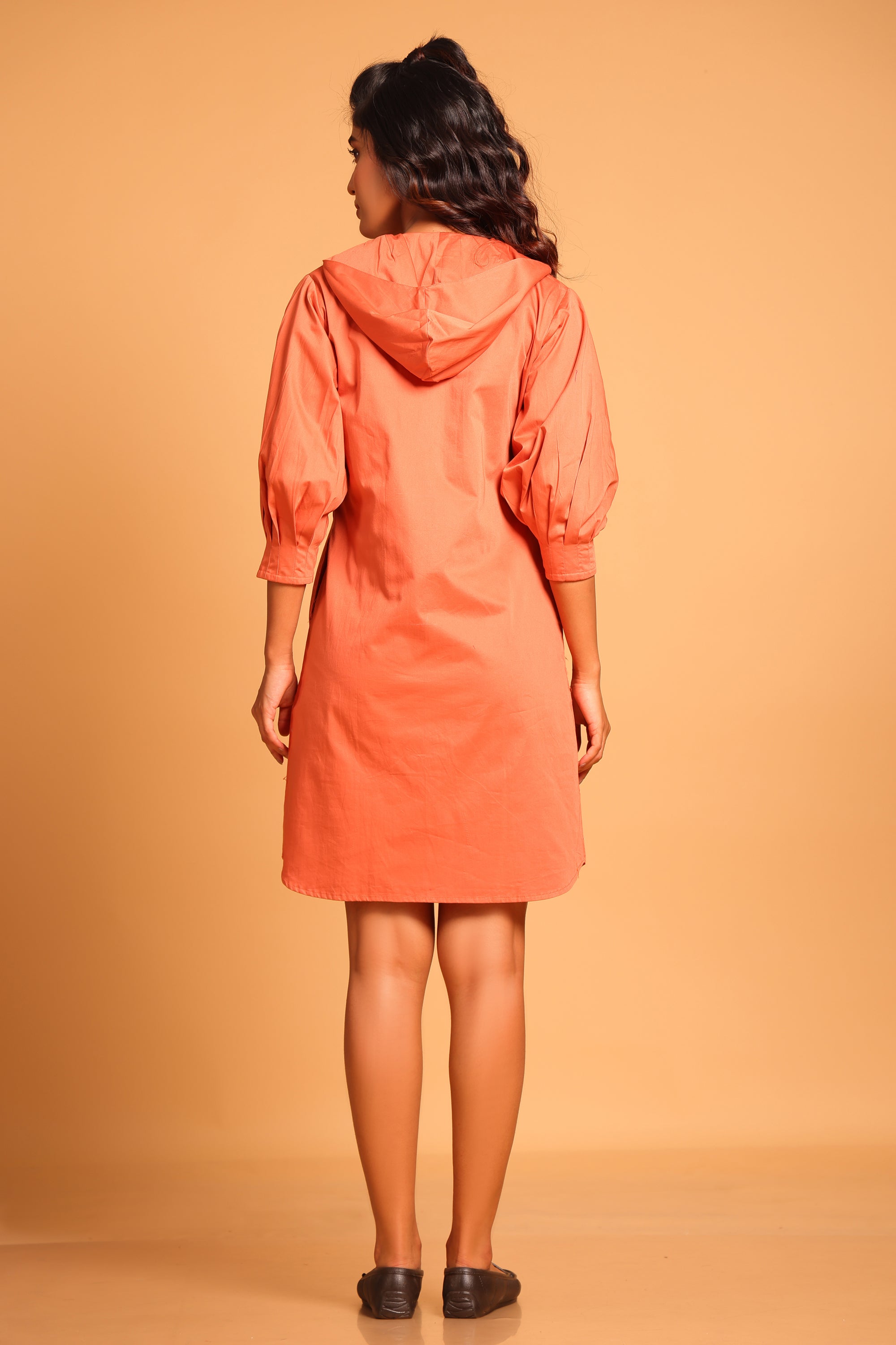 Trendy Cotton Hooded Jacket Dress - Orange(Ginger Spice)