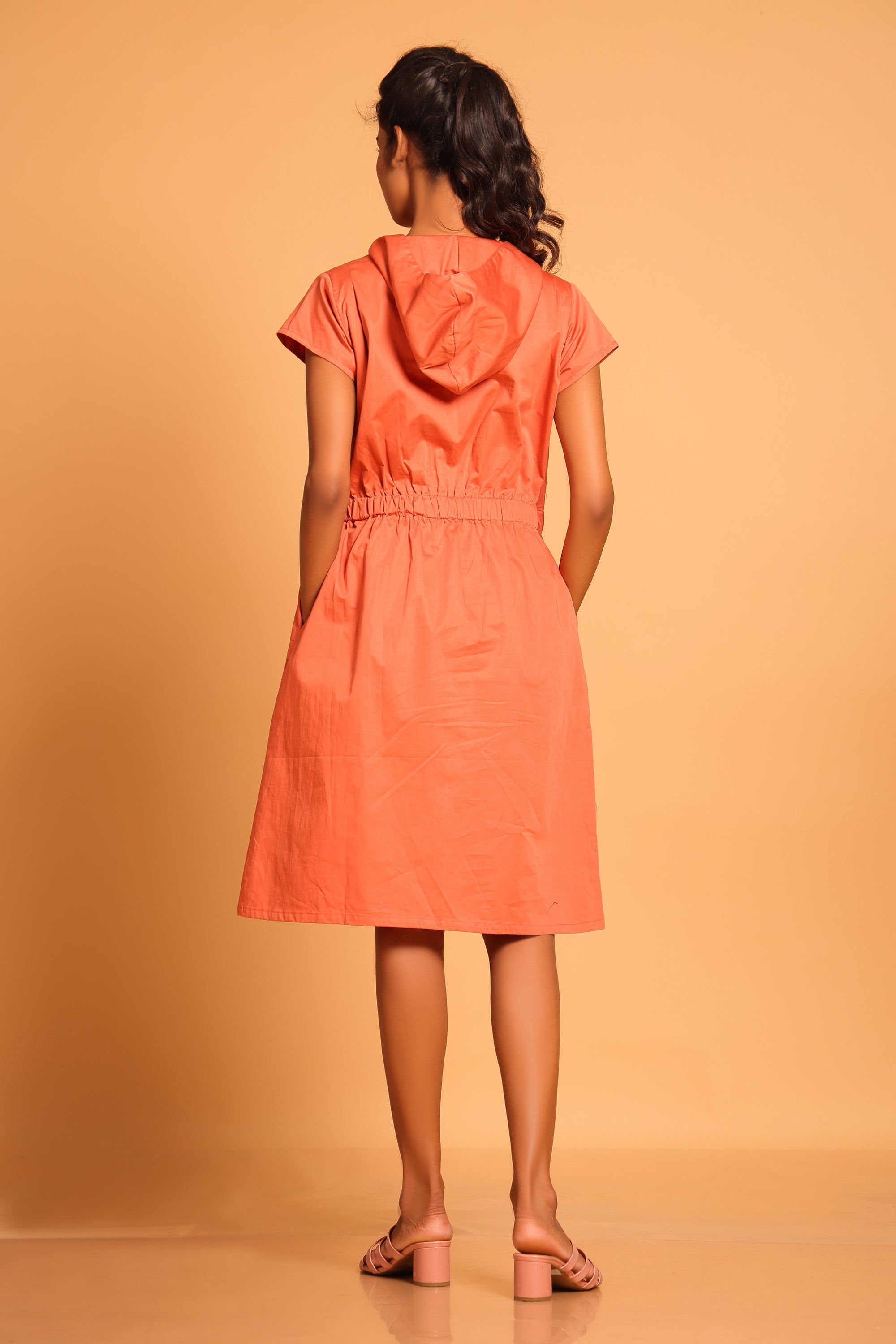 Casual Cotton Hooded Dress - Orange(Ginger Spice)