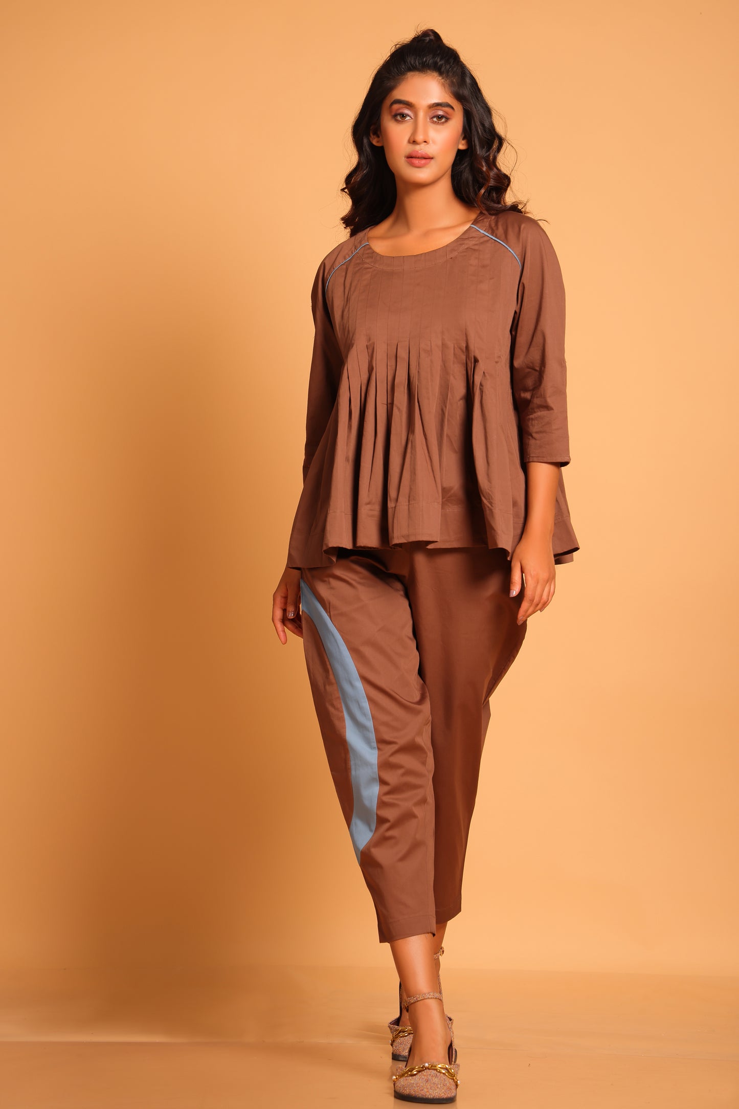 Casual Chic Cotton Pleated Ensemble Co-ord Set - Brown(Rain Drum)