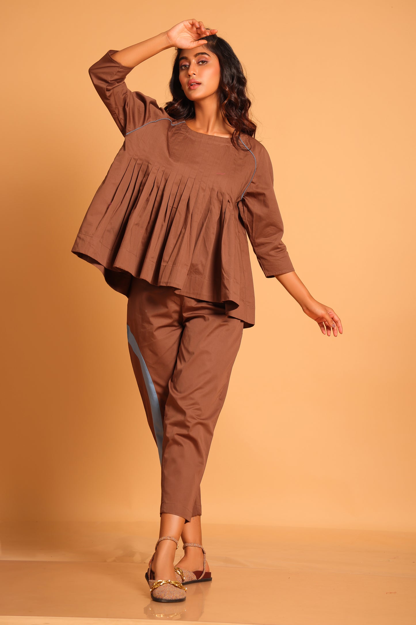 Casual Chic Cotton Pleated Ensemble Co-ord Set - Brown(Rain Drum)