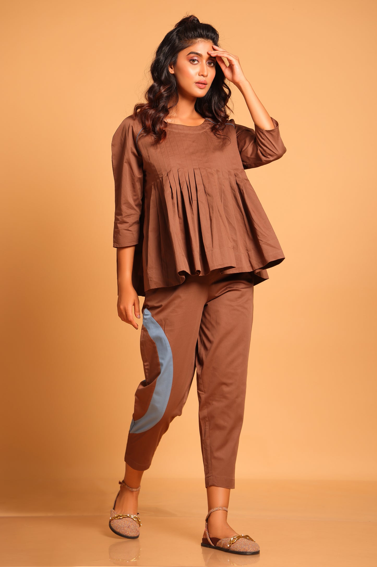 Casual Chic Cotton Pleated Ensemble Co-ord Set - Brown(Rain Drum)