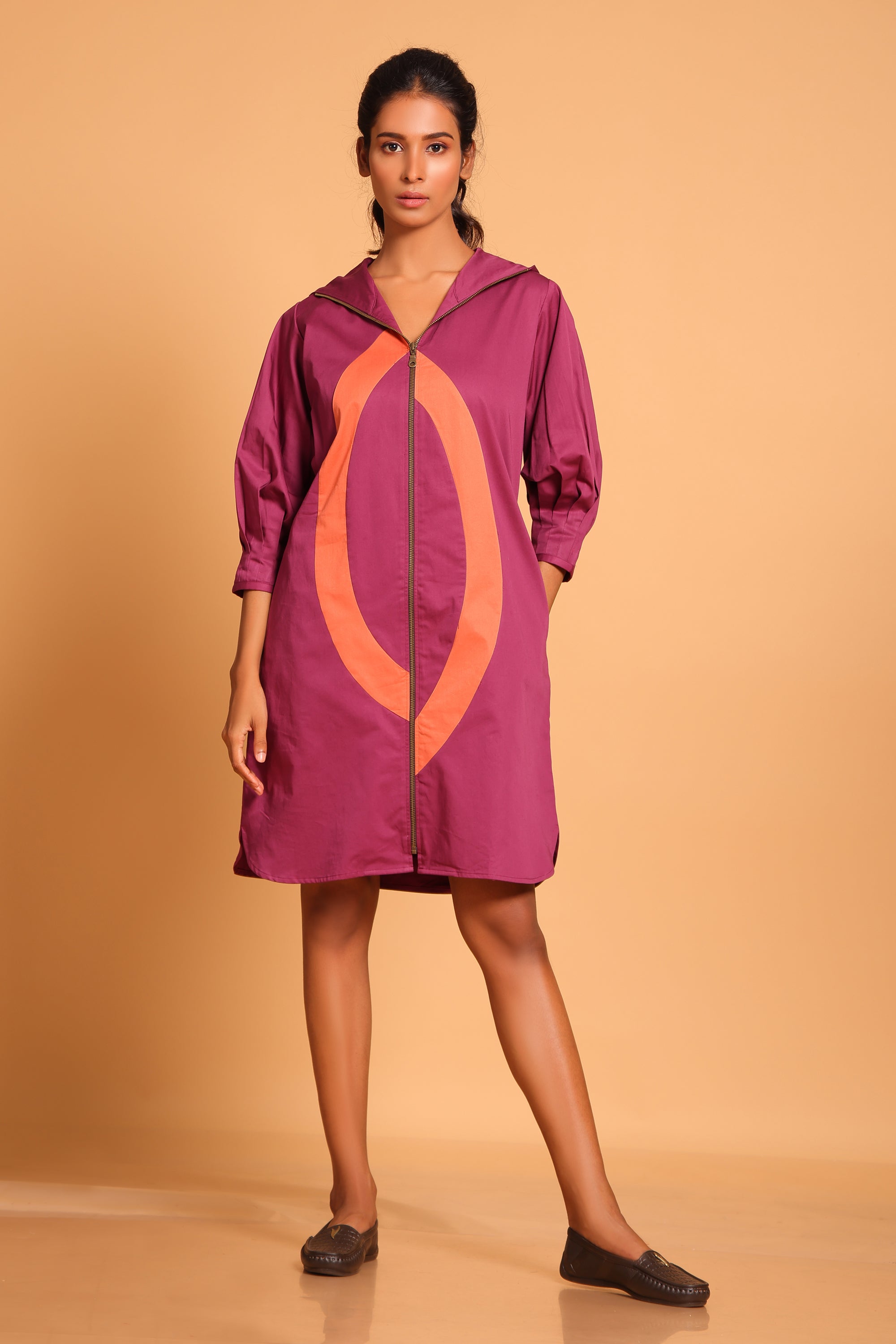 Trendy Cotton Hooded Jacket Dress - Purple(Amaranth)