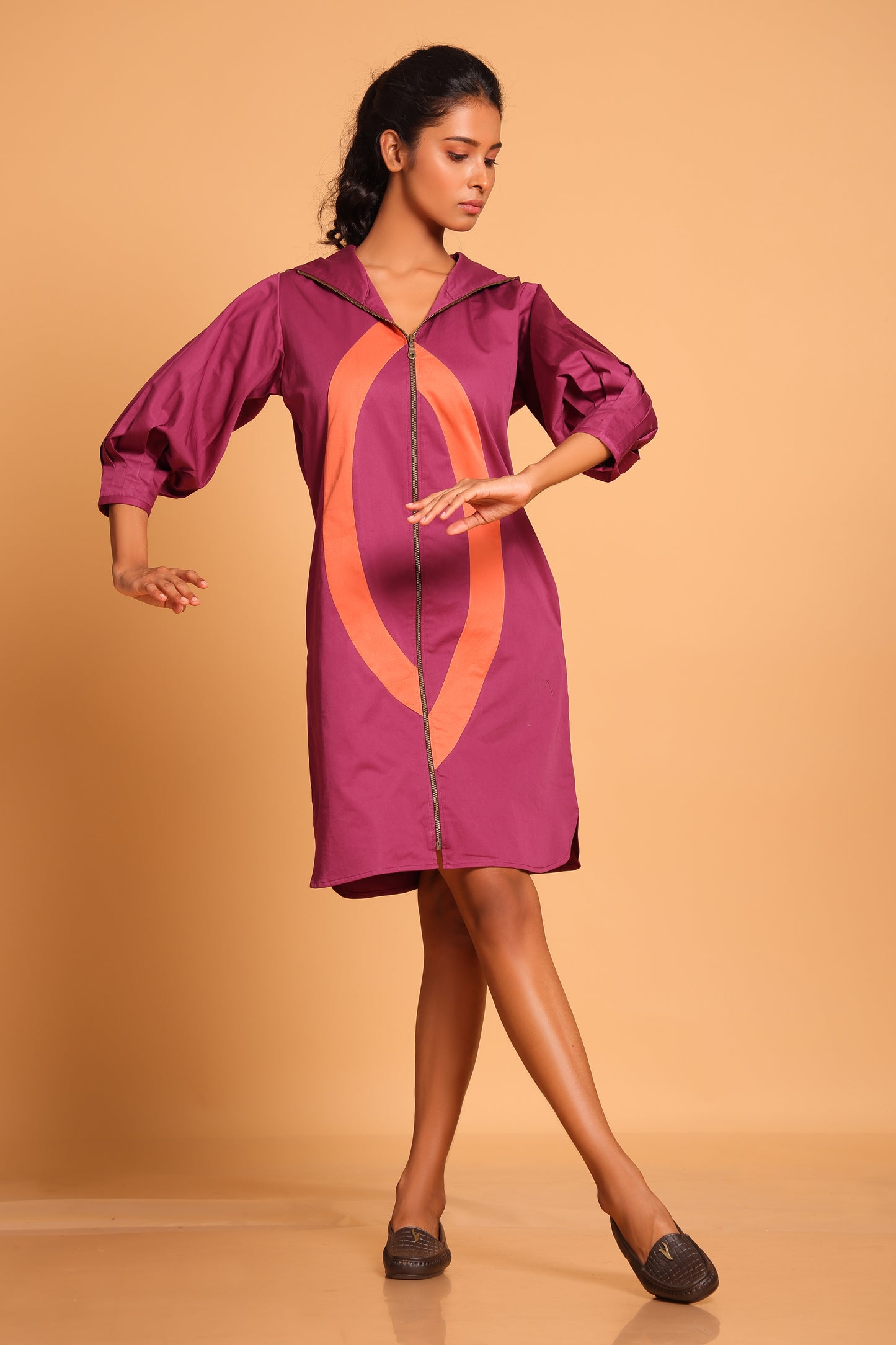 Trendy Cotton Hooded Jacket Dress - Purple(Amaranth)