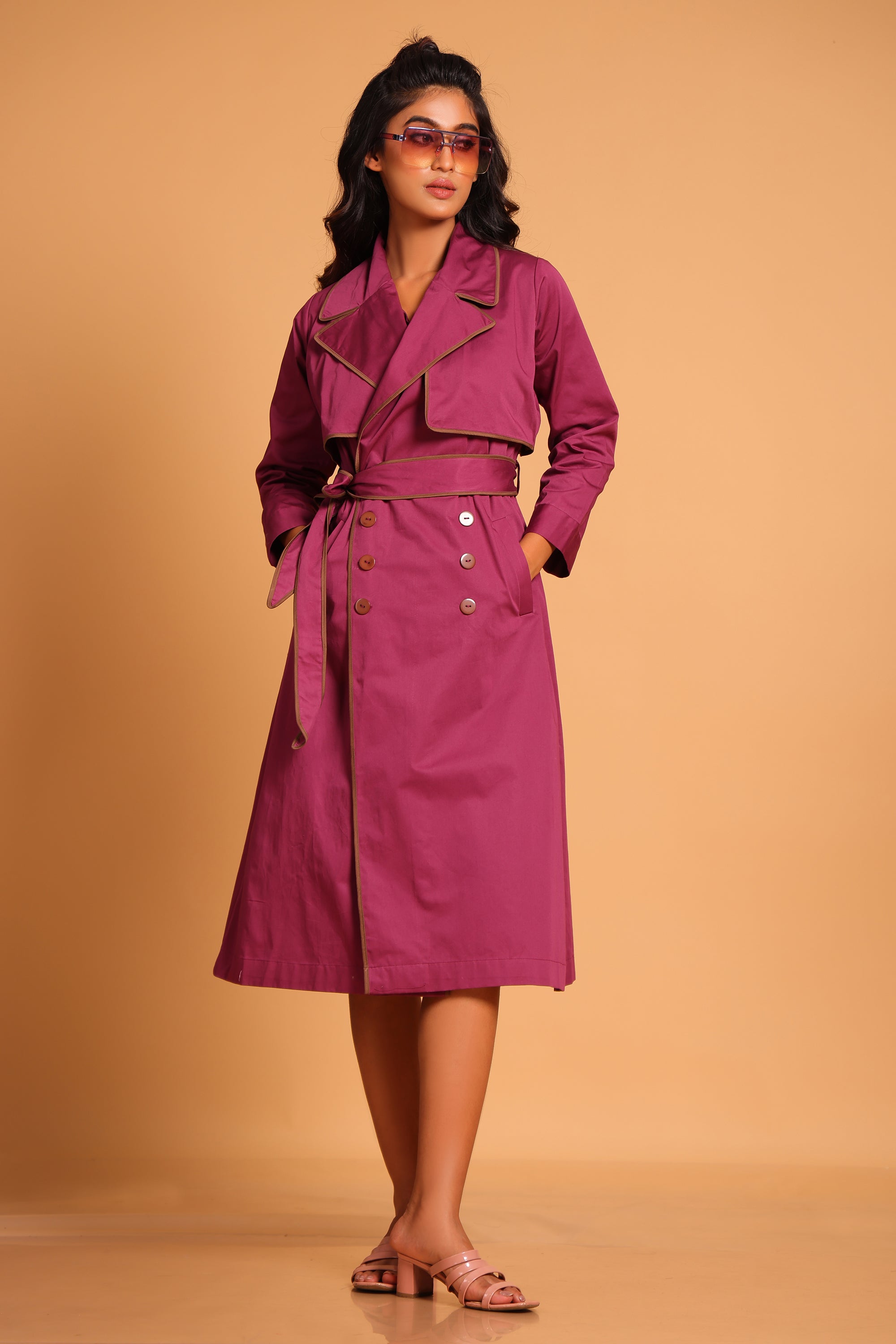 Chic Cotton Trench Coat Set - Purple(Amaranth)