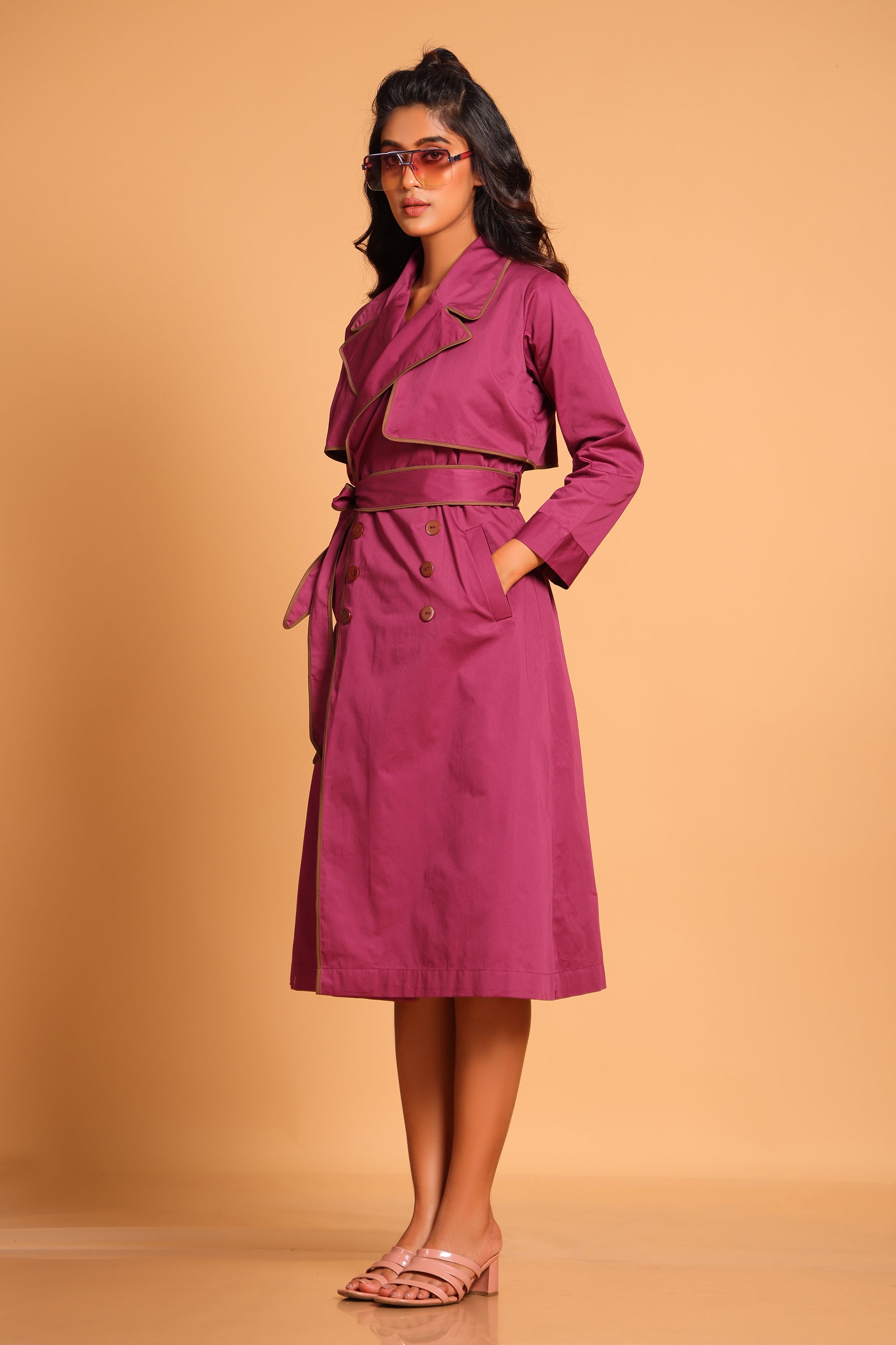 Chic Cotton Trench Coat Set - Purple(Amaranth)