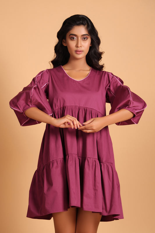 Elegant Cotton Two-Tiered Dress - Purple(Amaranth)