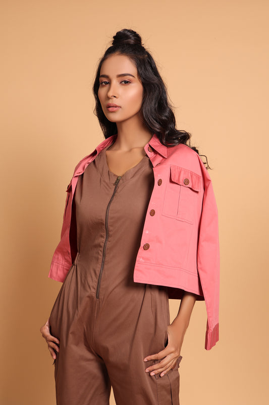 Stylish Cotton Two-Piece Jumpsuit Set - Rose(Slate Rose)