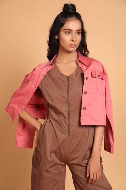 Stylish Cotton Two-Piece Jumpsuit Set - Rose(Slate Rose)