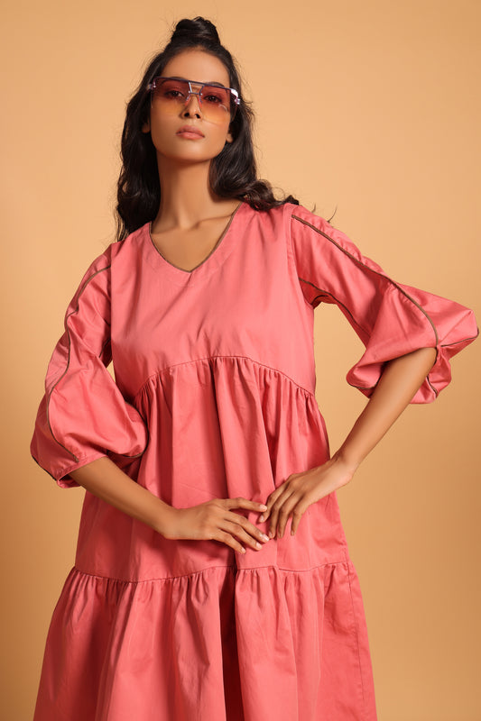 Elegant Cotton Two-Tiered Dress - Rose(Slate Rose)