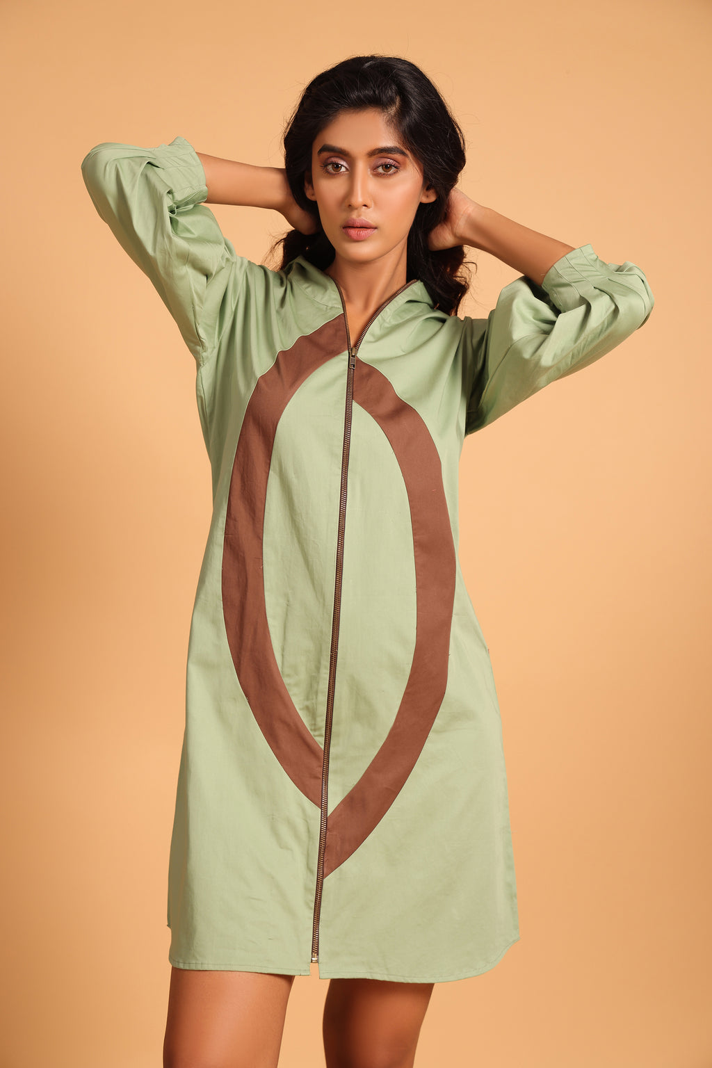 Trendy Cotton Hooded Jacket Dress - Green(Loden Frost)