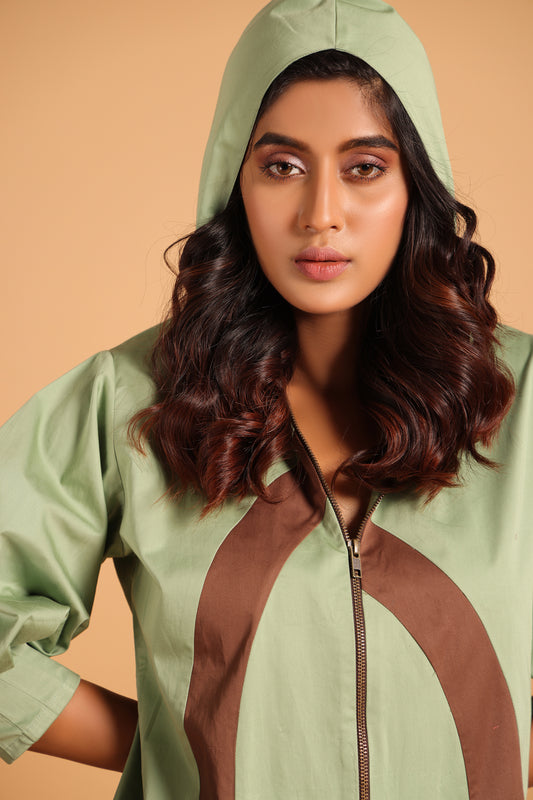 Trendy Cotton Hooded Jacket Dress - Green(Loden Frost)