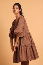 Elegant Cotton Two-Tiered Dress - Brown(Rain Drum)