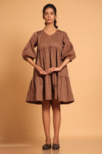 Elegant Cotton Two-Tiered Dress - Brown(Rain Drum)