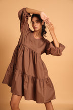 Elegant Cotton Two-Tiered Dress - Brown(Rain Drum)