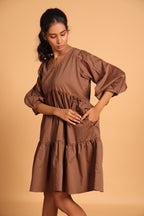 Elegant Cotton Two-Tiered Dress - Brown(Rain Drum)