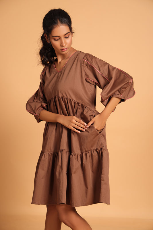 Elegant Cotton Two-Tiered Dress - Brown(Rain Drum)