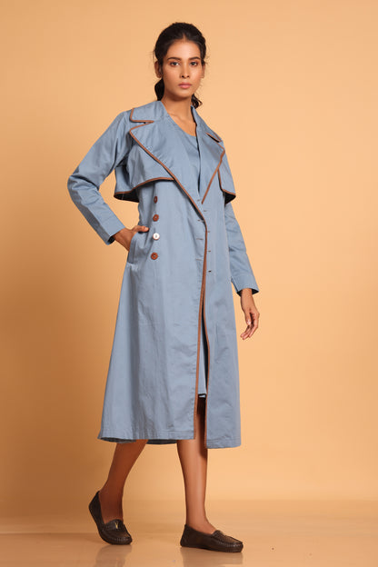 Chic Cotton Trench Coat Set - Blue(Cobalt Blue)