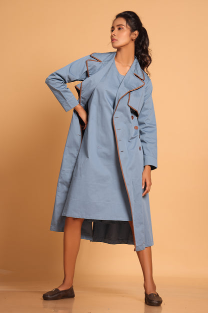 Chic Cotton Trench Coat Set - Blue(Cobalt Blue)