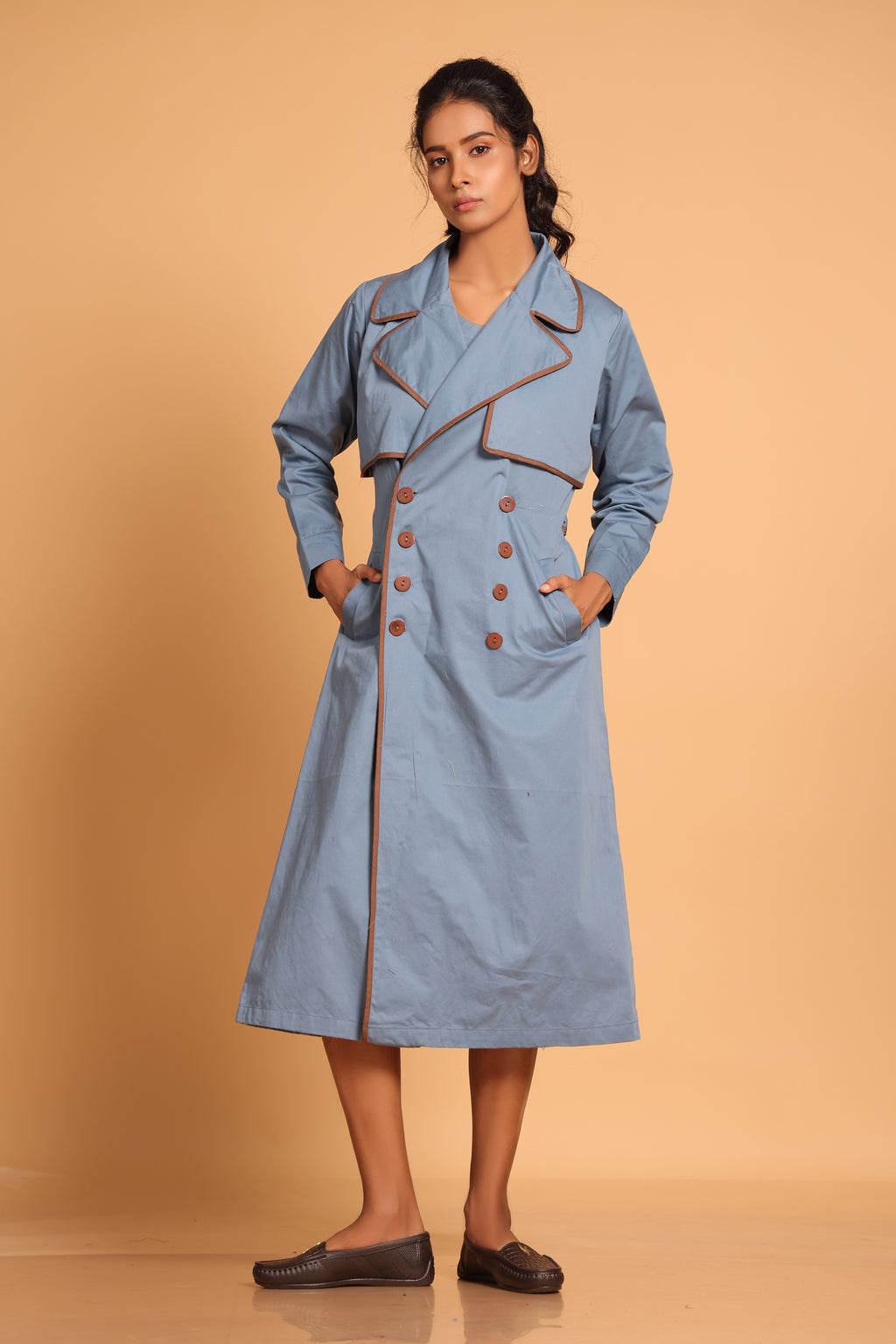 Chic Cotton Trench Coat Set - Blue(Cobalt Blue)