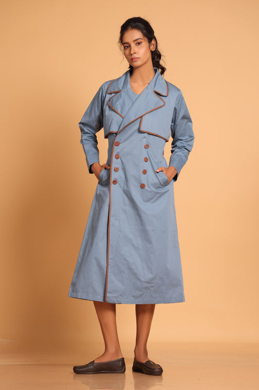 Chic Cotton Trench Coat Set - Blue(Cobalt Blue)