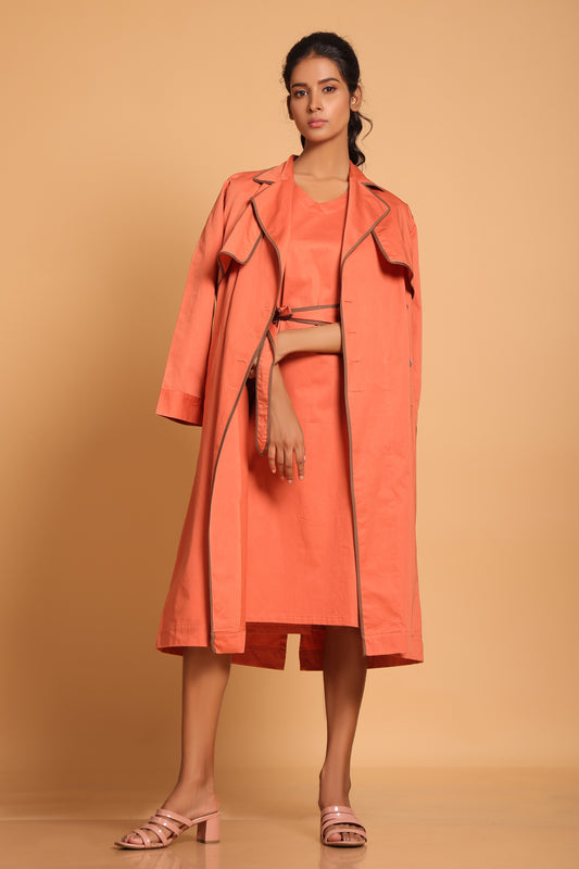 Chic Cotton Trench Coat Set - Orange(Ginger Spice)