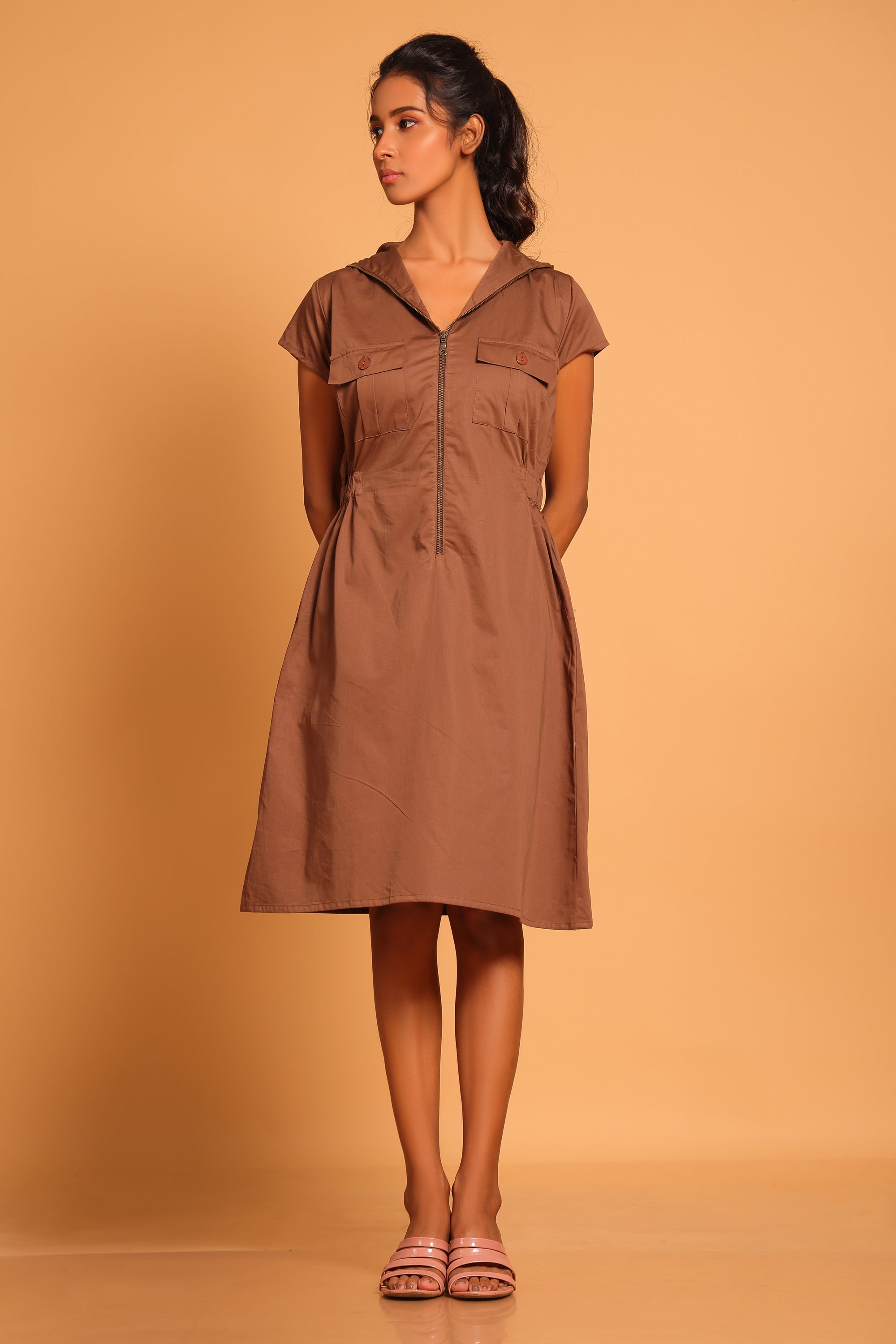 Casual Cotton Hooded Dress - Brown(Rain Drum)