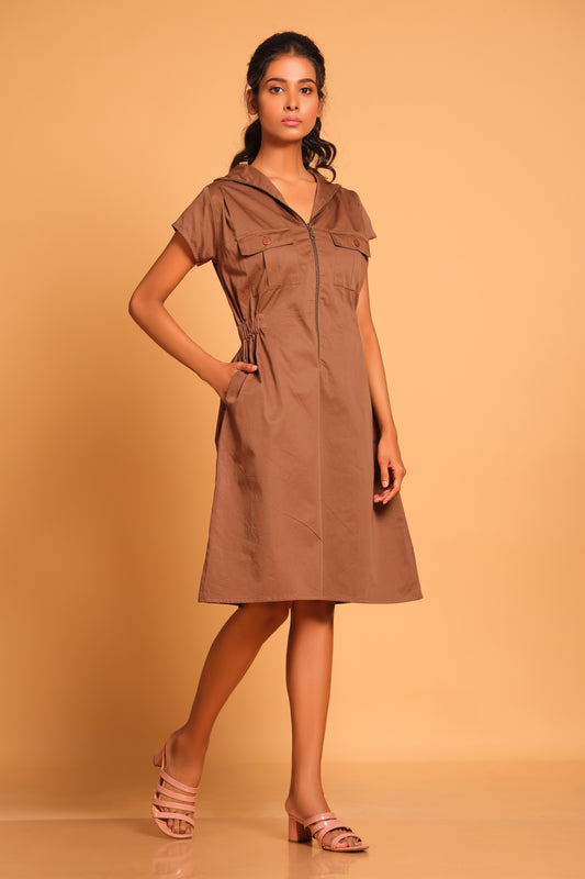 Casual Cotton Hooded Dress - Brown(Rain Drum)