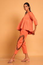Casual Chic Cotton Pleated Ensemble Co-ord Set - Orange(Ginger Spice)