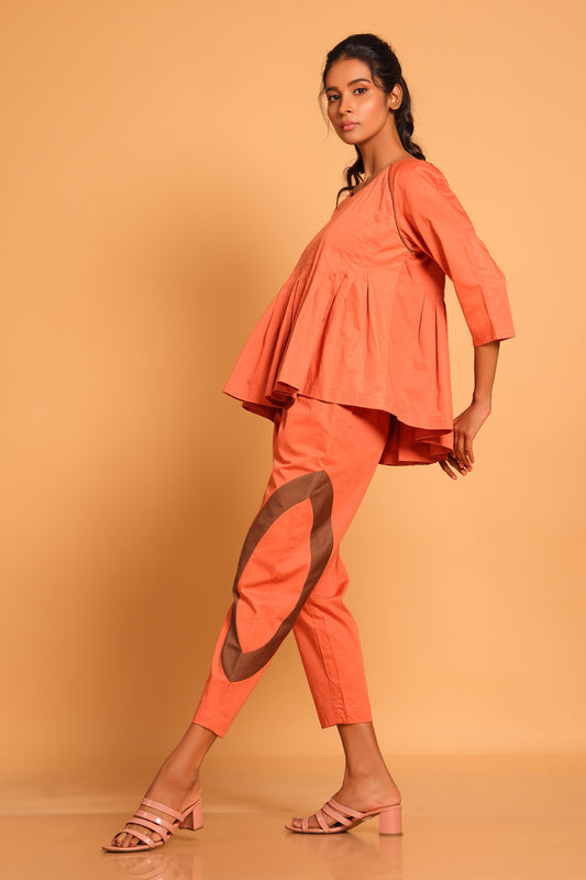 Casual Chic Cotton Pleated Ensemble Co-ord Set - Orange(Ginger Spice)