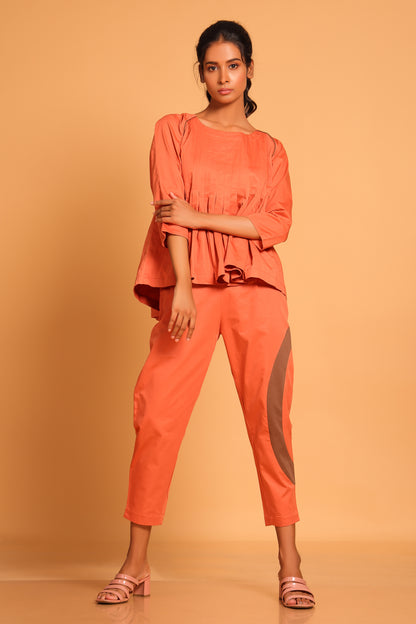 Casual Chic Cotton Pleated Ensemble Co-ord Set - Orange(Ginger Spice)