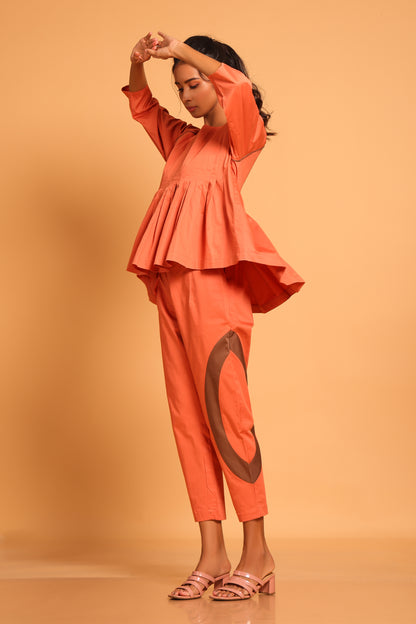 Casual Chic Cotton Pleated Ensemble Co-ord Set - Orange(Ginger Spice)