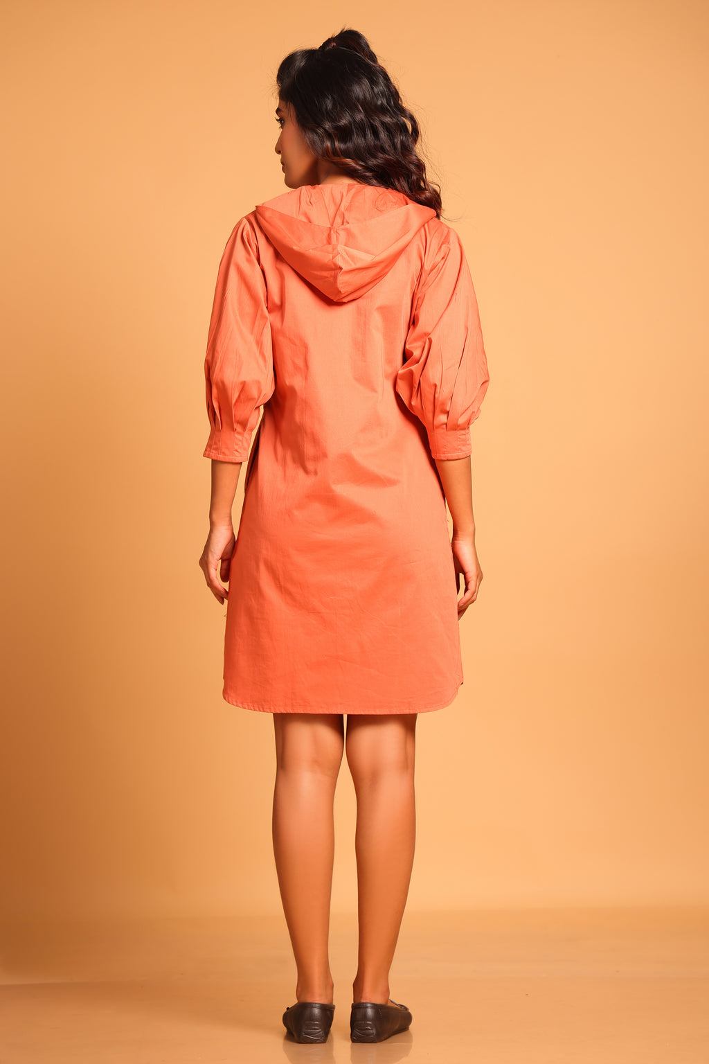 Trendy Cotton Hooded Jacket Dress - Orange(Ginger Spice)