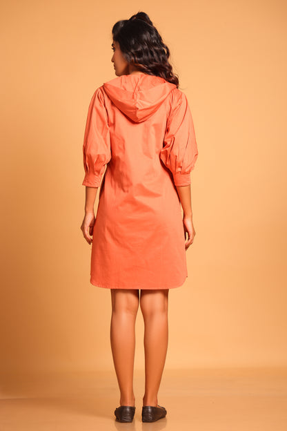 Trendy Cotton Hooded Jacket Dress - Orange(Ginger Spice)