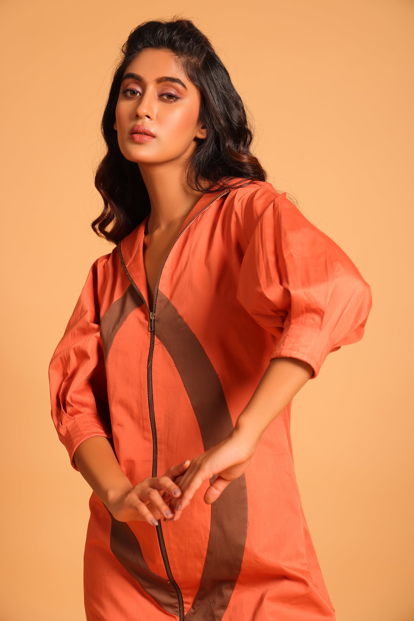 Trendy Cotton Hooded Jacket Dress - Orange(Ginger Spice)