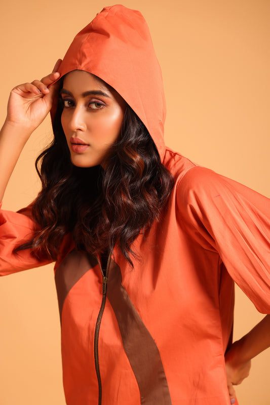 Trendy Cotton Hooded Jacket Dress - Orange(Ginger Spice)