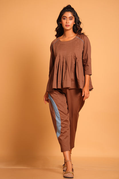Casual Chic Cotton Pleated Ensemble Co-ord Set - Brown(Rain Drum)