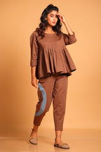 Casual Chic Cotton Pleated Ensemble Co-ord Set - Brown(Rain Drum)